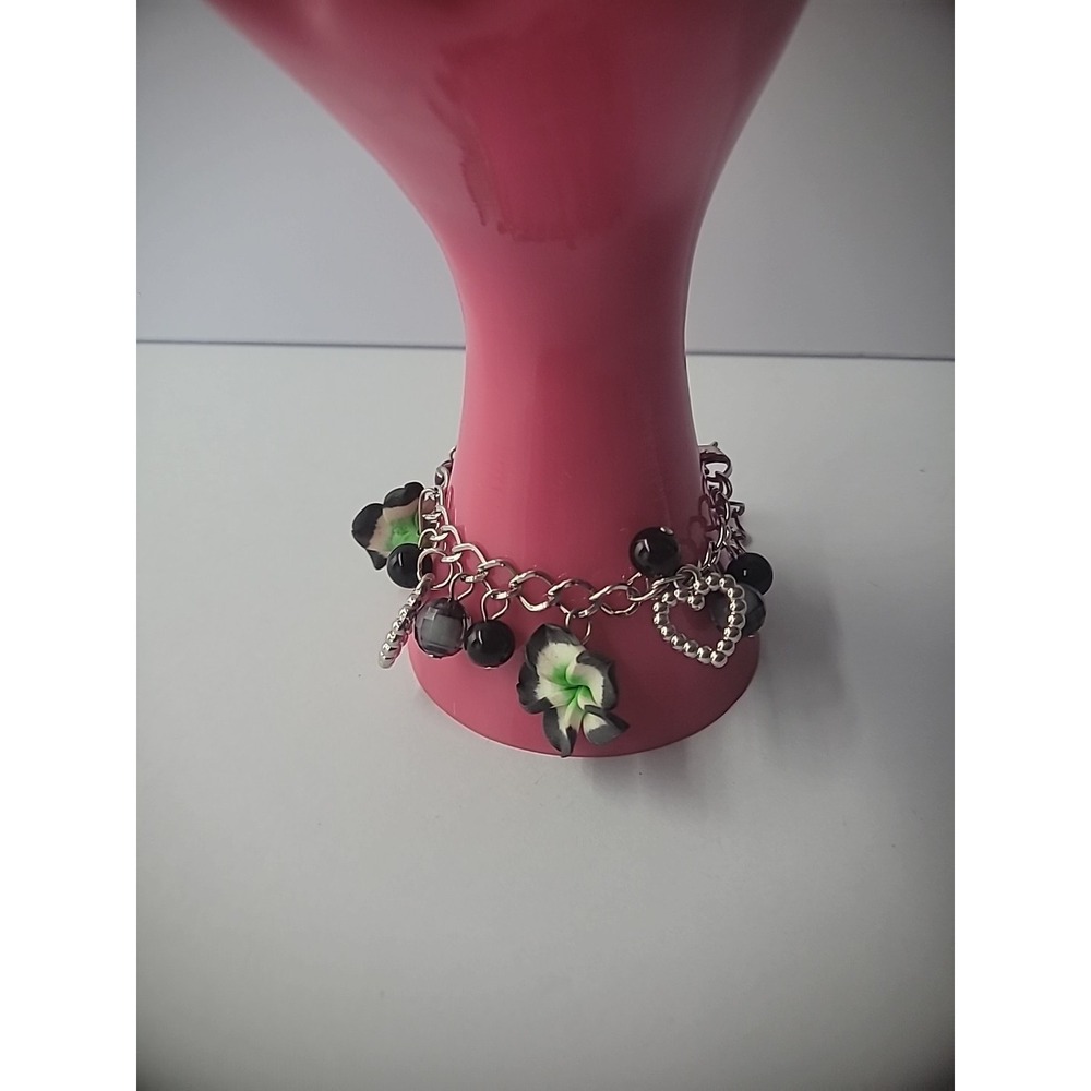 Vintage Bracelet Chain Drop Dangle Flowers Beaded Black Hearts Charm Jewelry - Picture 3 of 10